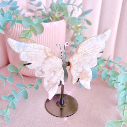 Flower Agate Butterfly Wings - Black Stand 13cm