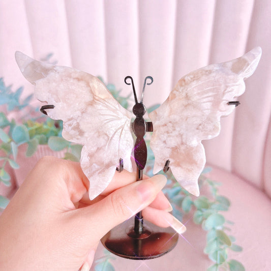 Flower Agate Butterfly Wings - Black Stand 13cm