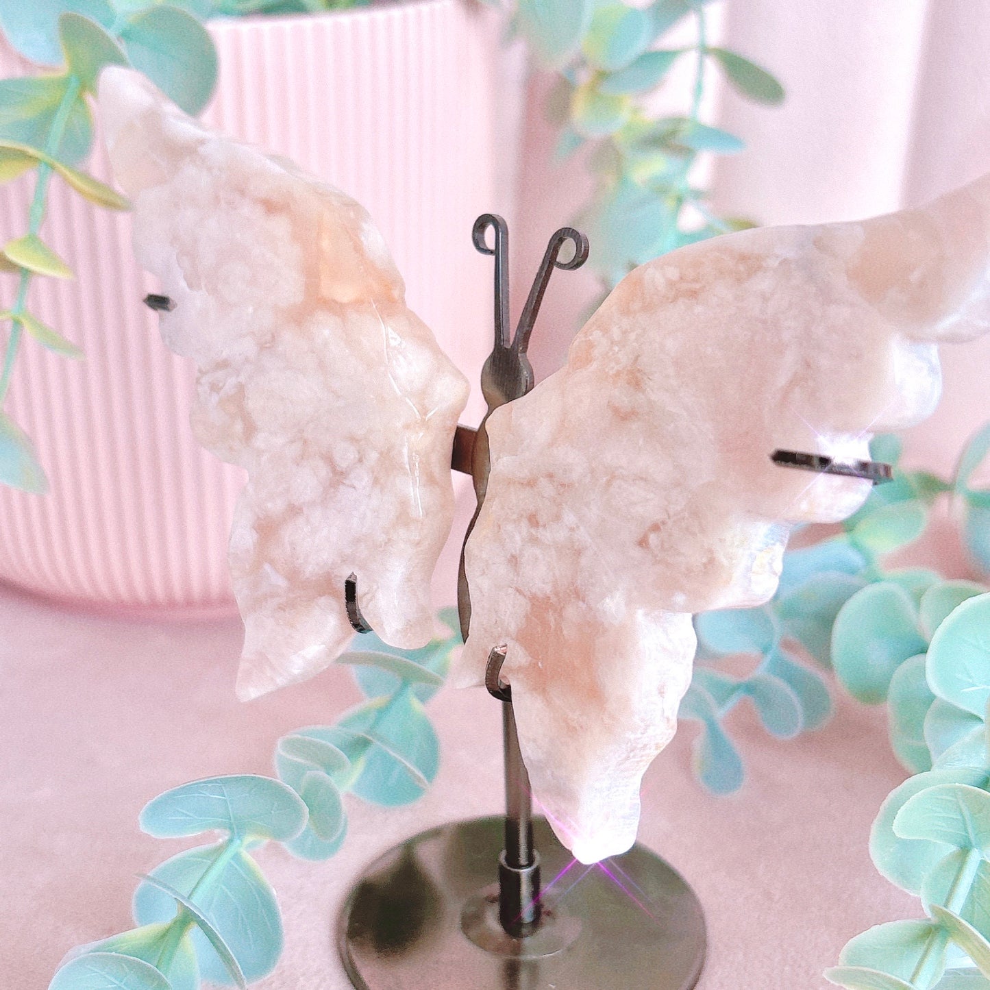 Flower Agate Butterfly Wings - Black Stand 13cm