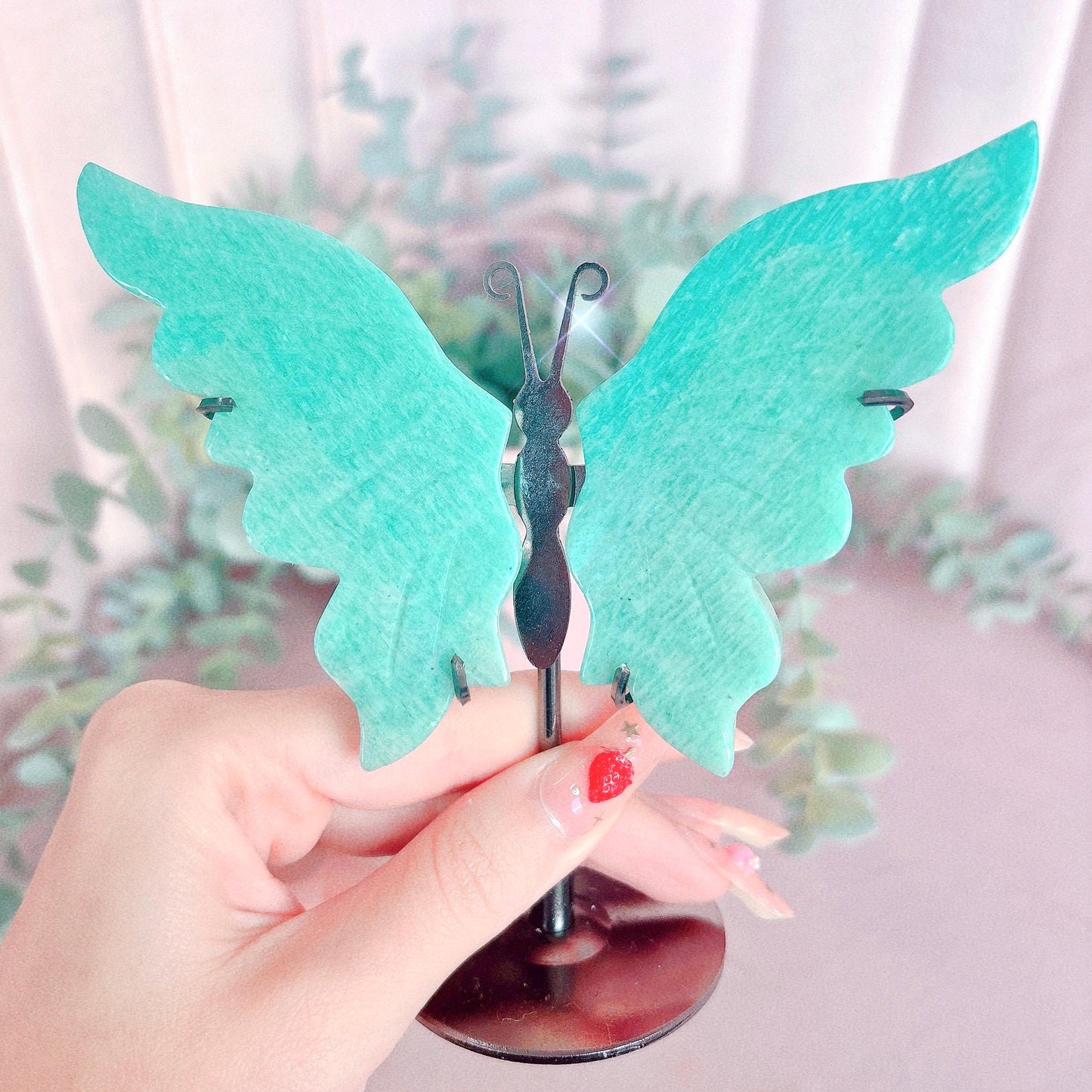 Amazonite Butterfly Wings - Black Stand 13cm