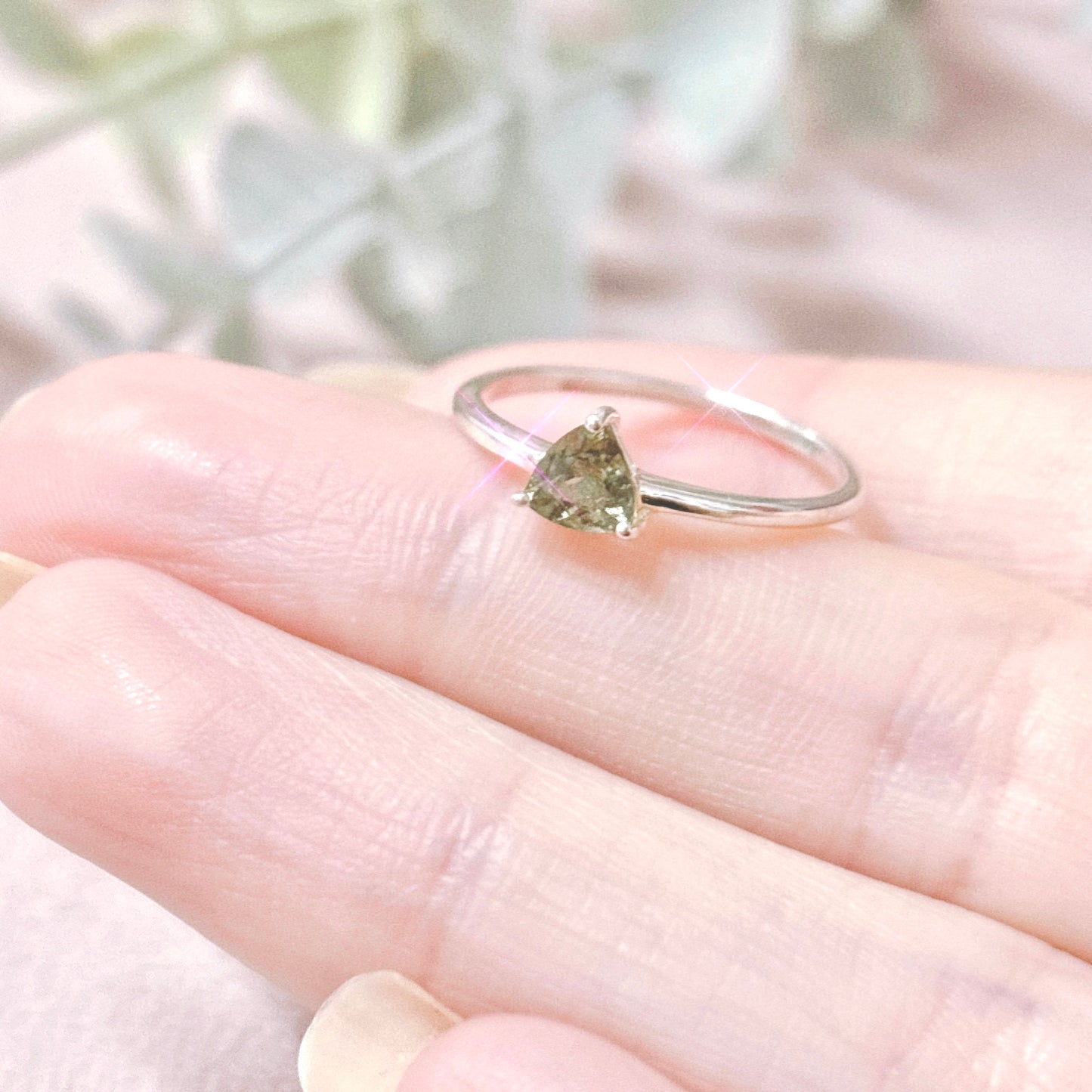 Moldavite Dainty Triangle 925 Sterling Silver Ring - Size 7