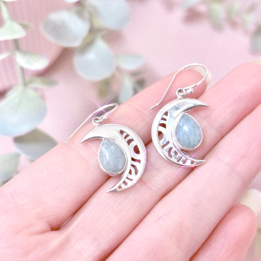 Aquamarine 925 Sterling Silver Moon Earrings