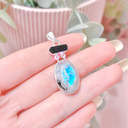 Rainbow Moonstone + Black Tourmaline 925 Sterling Silver Oval Pendant