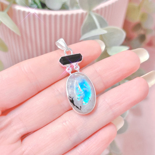 Rainbow Moonstone + Black Tourmaline 925 Sterling Silver Oval Pendant