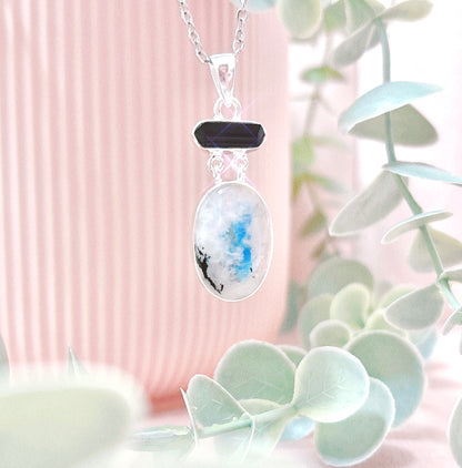 Rainbow Moonstone + Black Tourmaline 925 Sterling Silver Oval Pendant