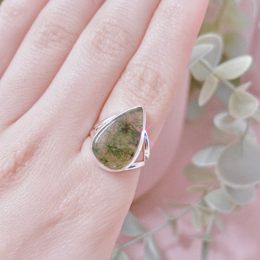 Moss Agate Teardrop 925 Sterling Silver Ring - Size 6