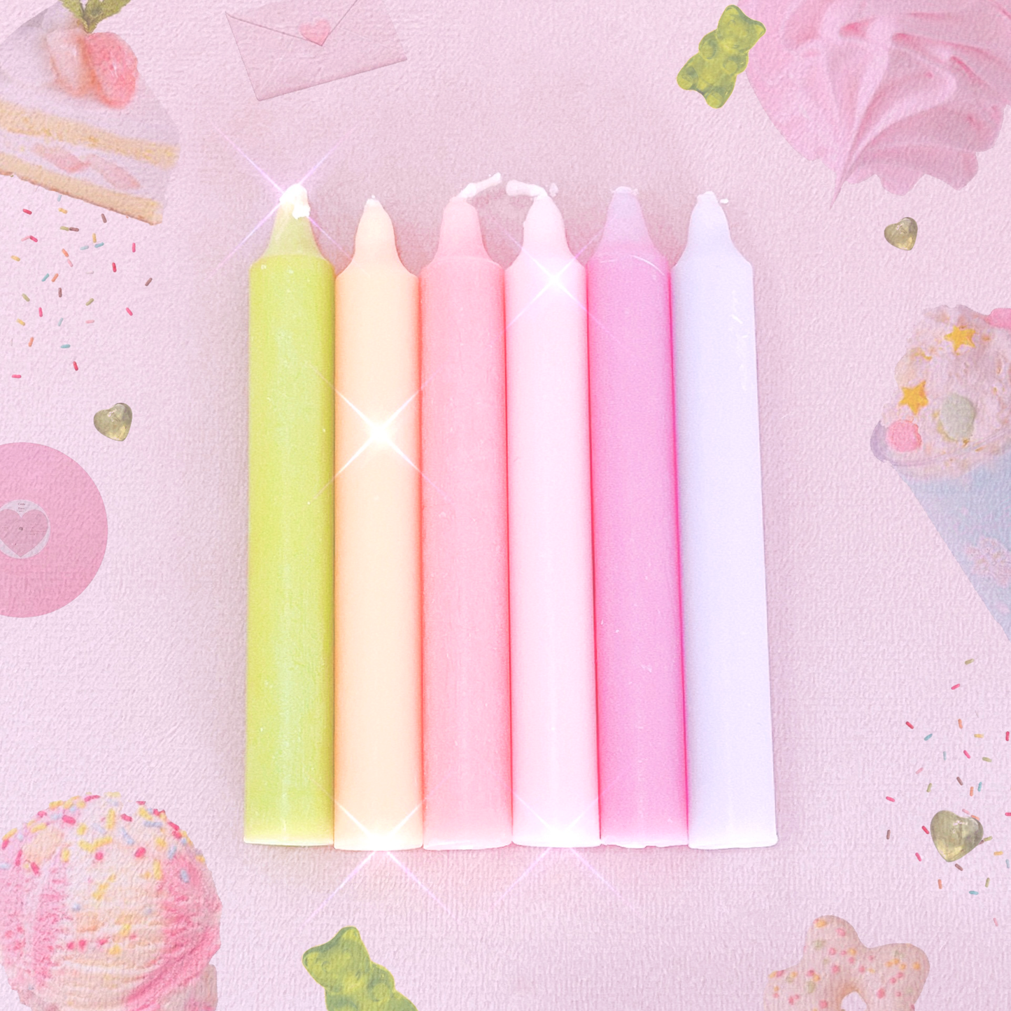 6 wish candles in a range of pink, yellow and green colours